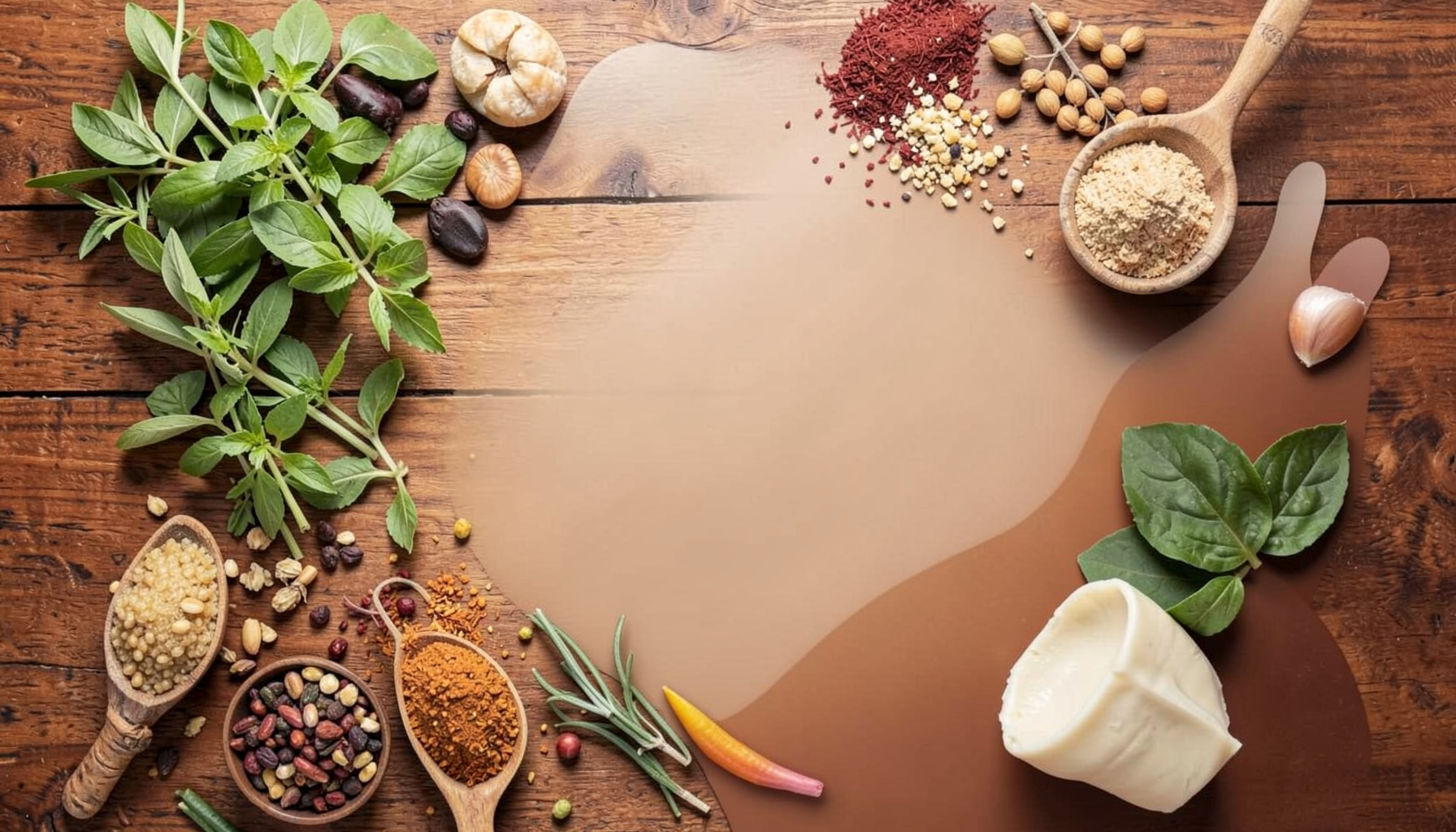 Fresh herbs, spices, and whole foods arranged on a wooden surface in earthy tones, evoking Ayurvedic nutrition